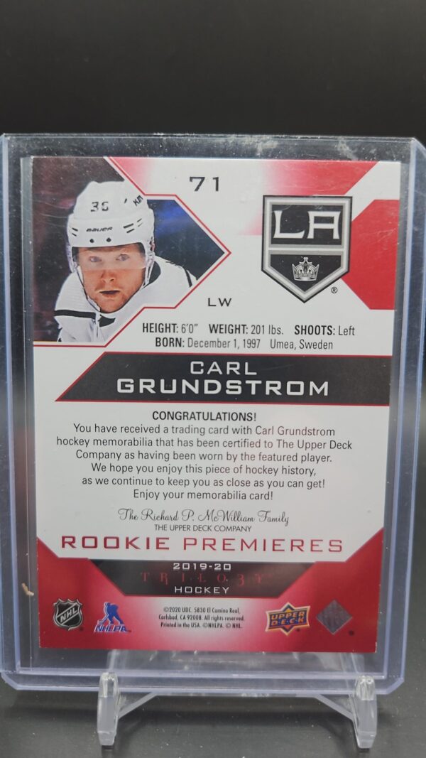 2019-20 Trilogy Premieres Level 1 Red Foil /499 Carl Grundstrom #71 Rookie - Image 2