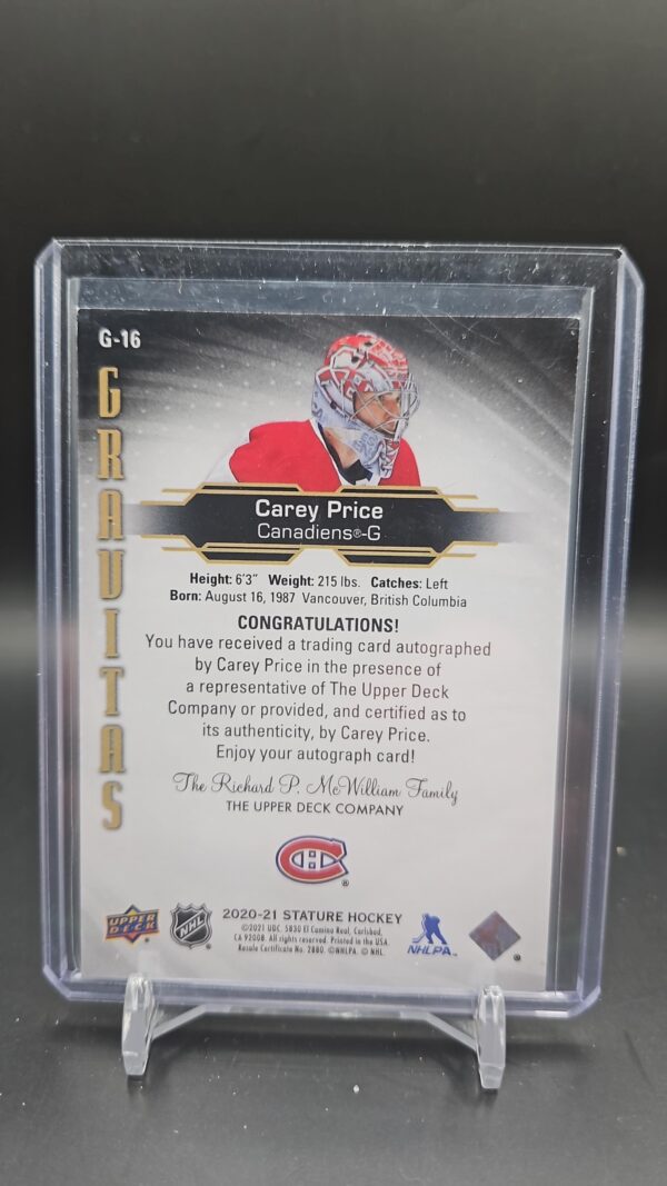 2020-21 Upper Deck Stature Gravitas Auto #G16 Carey Price - Image 2