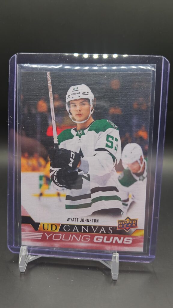 2022-23 Upper Deck Wyatt Johnston UD Canvas Young Guns #C218 rookie card featuring Dallas Stars forward, premium canvas finish, and high collector appeal.
