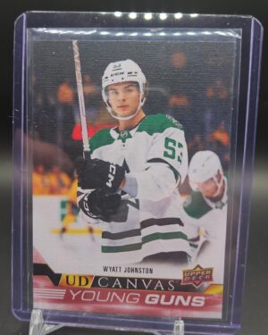 2022-23 Upper Deck Wyatt Johnston UD Canvas Young Guns #C218 rookie card featuring Dallas Stars forward, premium canvas finish, and high collector appeal.
