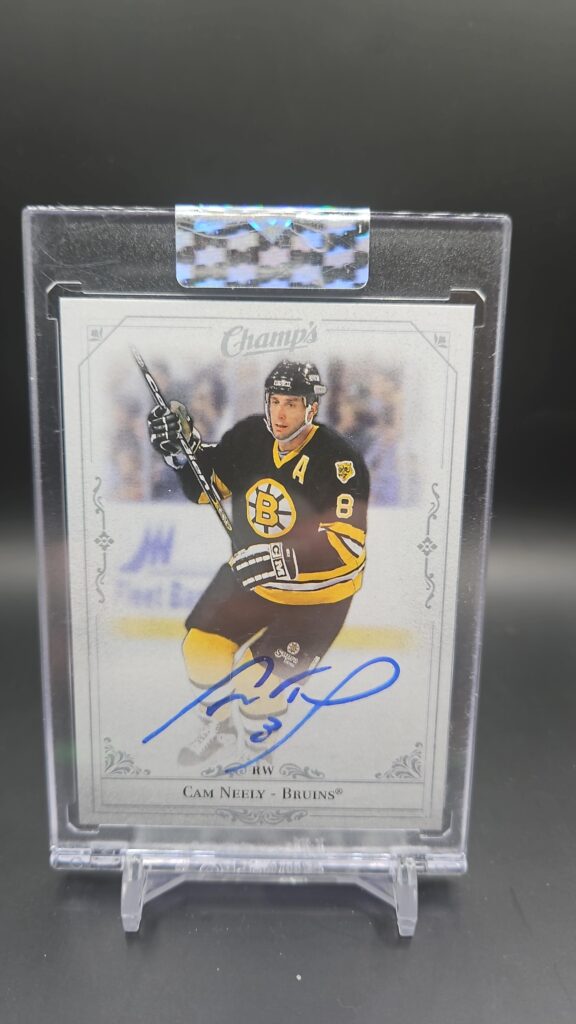 2020-21 Upper Deck Clear Cut Cam Neely Champs Autograph #C-CN showing a bold on-card signature on clear acetate stock, Boston Bruins Hall of Fame collectible from Upper Deck’s premium Clear Cut release.