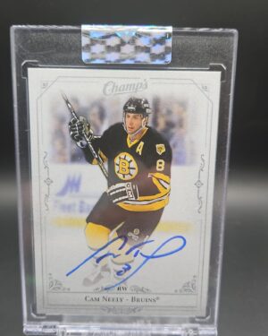 2020-21 Upper Deck Clear Cut Cam Neely Champs Autograph #C-CN showing a bold on-card signature on clear acetate stock, Boston Bruins Hall of Fame collectible from Upper Deck’s premium Clear Cut release.