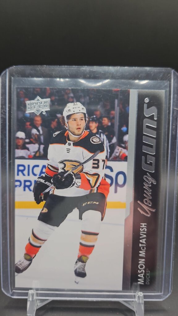 This image displays the 2021-22 Upper Deck Young Guns Mason McTavish rookie card #451, a must-have for Anaheim Ducks collectors and NHL rookie card enthusiasts.