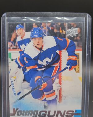 2019-20 Upper Deck Series 2 Young Guns Noah Dobson #481 rookie card featuring New York Islanders defenseman, iconic Young Guns design, and strong collector appeal.