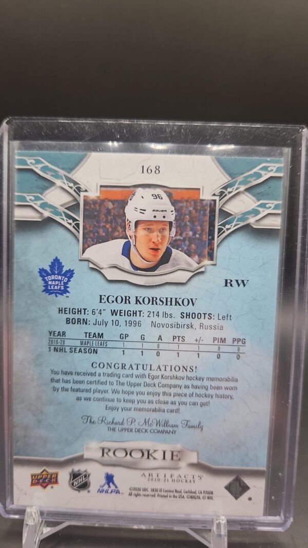 2020-21 Artifacts Jersey Egor Korshkov Rookie /599 #168 - Image 2