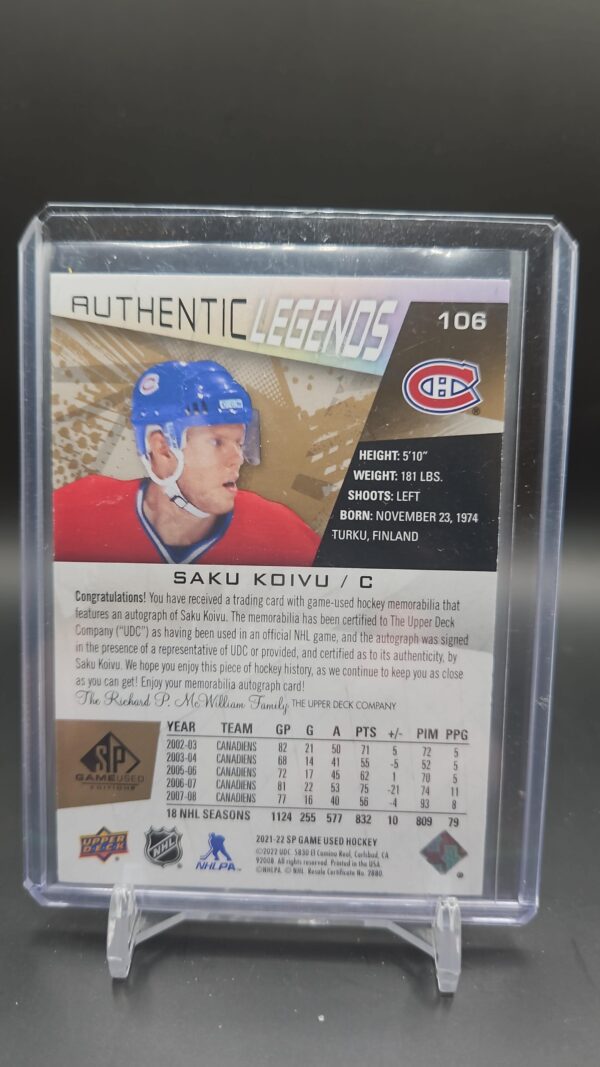 Saku Koivu 2021-22 SP Game Used Authentic Legends Jersey Auto /25 - Image 2