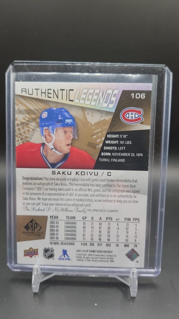 2021-22 SP Game Used Authentic Legends Jersey Auto /25 Saku Koivu – Montreal Canadiens - Image 2