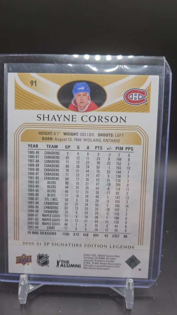 20/21 UD SP SIGNATURE LEGENDS SHAYNE CORSON GOLD PARALLEL #91 - Image 2