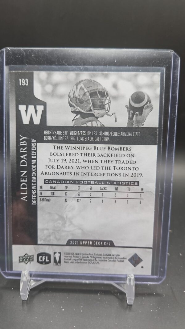 2021 Upper Deck CFL Alden Darby #193 1 of 1 - Image 2