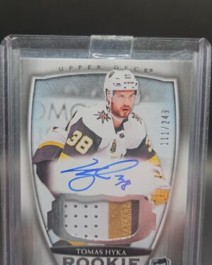 2018-19 Upper Deck The Cup Tomas Hyka Rookie Patch Auto 3-Color /249, featuring a bold on-card autograph and a vibrant three-color Vegas Golden Knights patch, serial numbered out of 249, from Upper Deck’s high-end The Cup set.