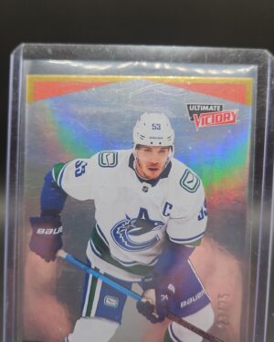 2020-21 Upper Deck Extended Series Ultimate Victory Gold /25 Bo Horvat #UV-19 card featuring Vancouver Canucks captain, premium gold foil, and limited to 25 copies for serious collectors.