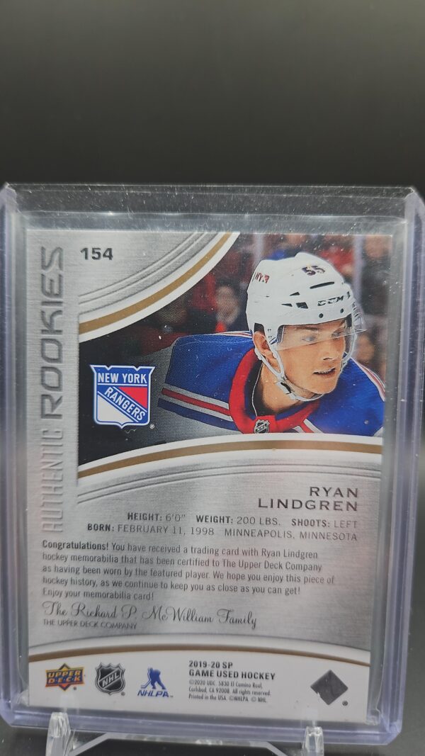 2019-20 UD SP GAME USED RANGERS ROOKIE #154 RYAN LINDGREN RC PATCH /65 - Image 2