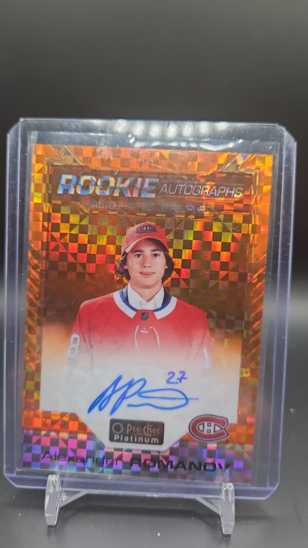 2020-21 OPC Platinum Alexander Romanov Rookie Orange Checkers Auto /15 #R-AR, Montreal Canadiens