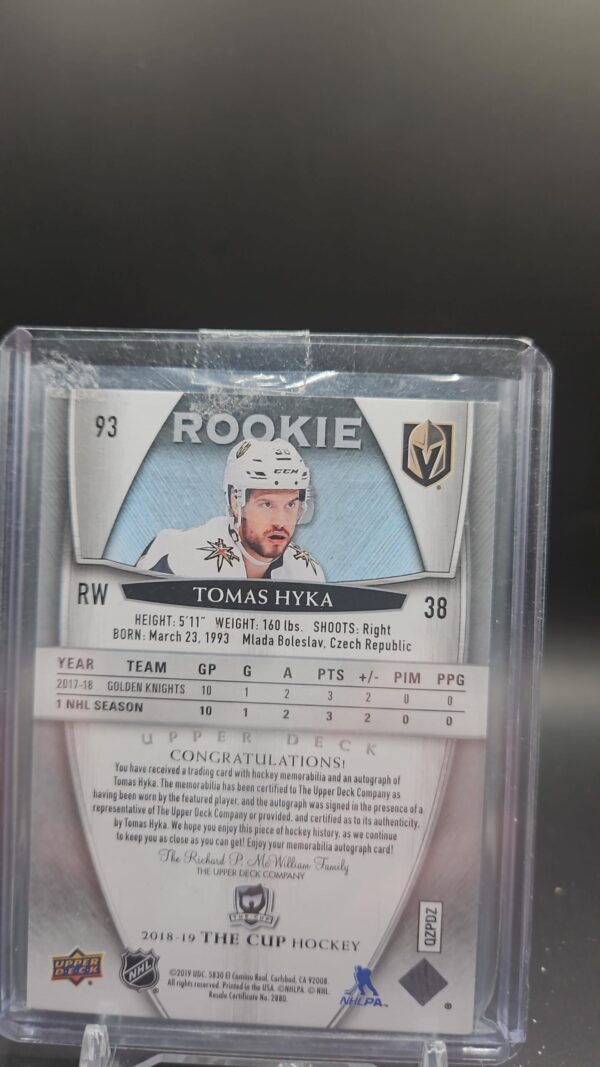 2018-19 The Cup Tomas Hyka Rookie Auto 3 Color Patch Golden Knights #/249 - Image 2