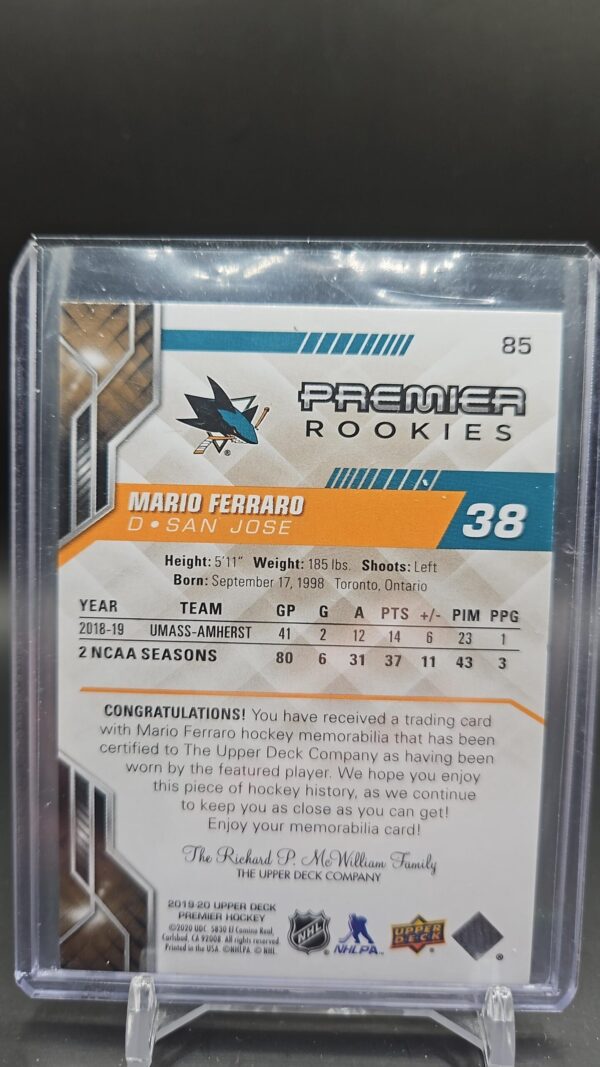 19-20 Upper Deck Premier Rookies Jersey #85 Mario Ferraro - Image 2