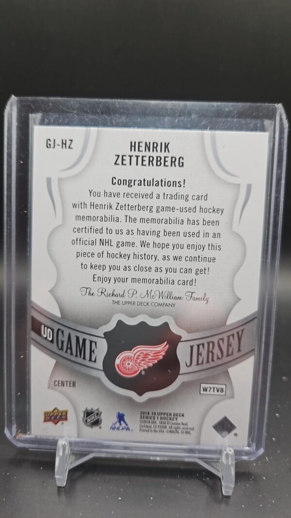 2018-19 UPPER DECK HENRIK ZETTERBERG Series 1 GJ-HZ UD GAME USED JERSEY - Image 2