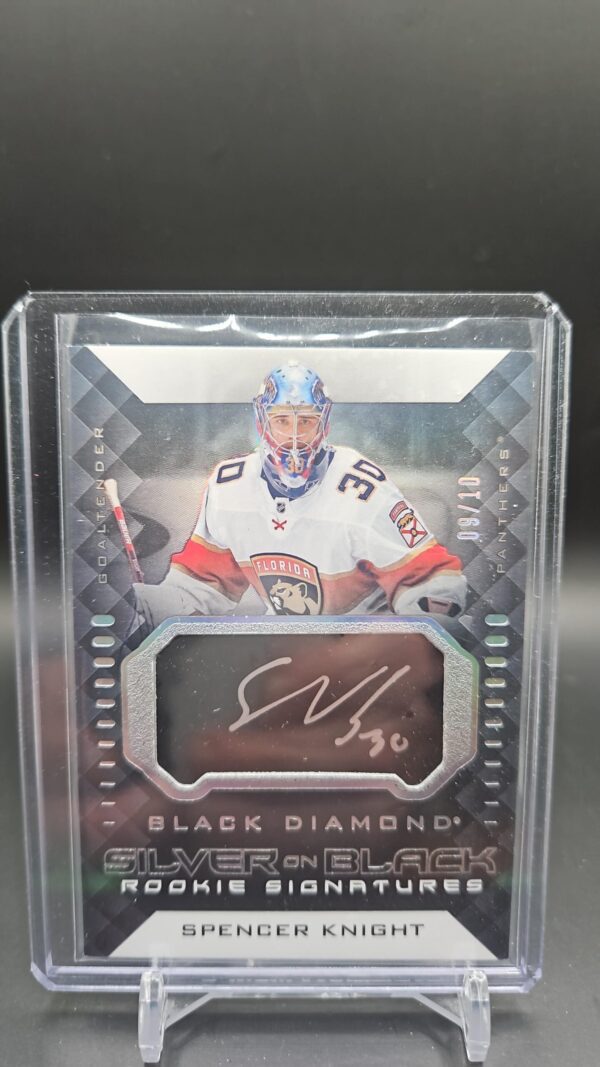2021-22 Upper Deck Black Diamond Silver On Black Rookie Signatures Spencer Knight /10 #SB-SK hockey card front