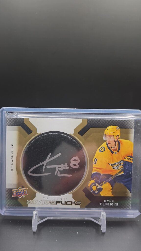 2019-20 Upper Deck Trilogy Signature Pucks Auto #SP-KT Kyle Turris, Nashville Predators, manufactured puck, mint