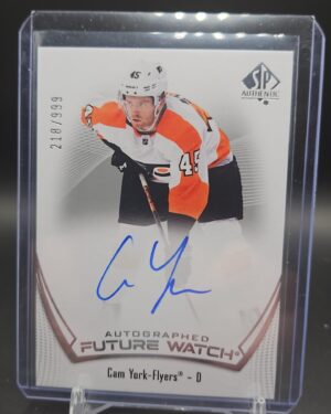 2021-22 SP Authentic Future Watch Rookie Autograph card #106 featuring Cam York of the Philadelphia Flyers, serial numbered to 999, a premium hard-signed rookie card highly sought after by NHL collectors.