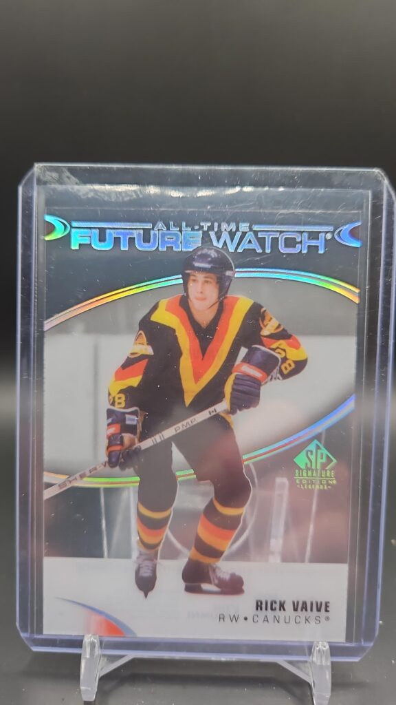 2020 SP Signature Edition Legends All-Time Future Watch Acetate Rick Vaive #381, featuring a clear acetate design and honoring the Toronto Maple Leafs goal-scoring legend, from the SP Signature Edition Legends set.