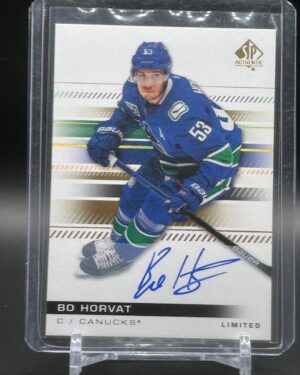 This image displays the 2019-20 SP Authentic Limited Autograph Card #41, featuring Bo Horvat of the Vancouver Canucks with a crisp, hard-signed autograph in mint condition—a standout collectible for hockey fans, Vancouver Canucks supporters, and autograph card collectors.