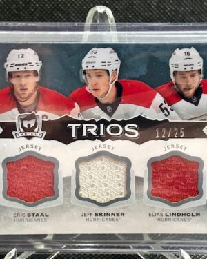 2014-15 Upper Deck The Cup Trios Staal, Skinner, Lindholm /25 #C3-CAR triple memorabilia card, featuring three premium Carolina Hurricanes patches, serial numbered out of 25, from Upper Deck’s high-end The Cup set.
