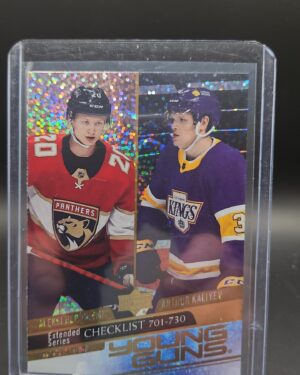 2020-21 Upper Deck Extended Young Guns Speckled Foil Aleksi Heponiemi Arthur Kaliyev #730 rookie card, featuring a premium foil parallel design with two NHL prospects, unique to the Extended series.