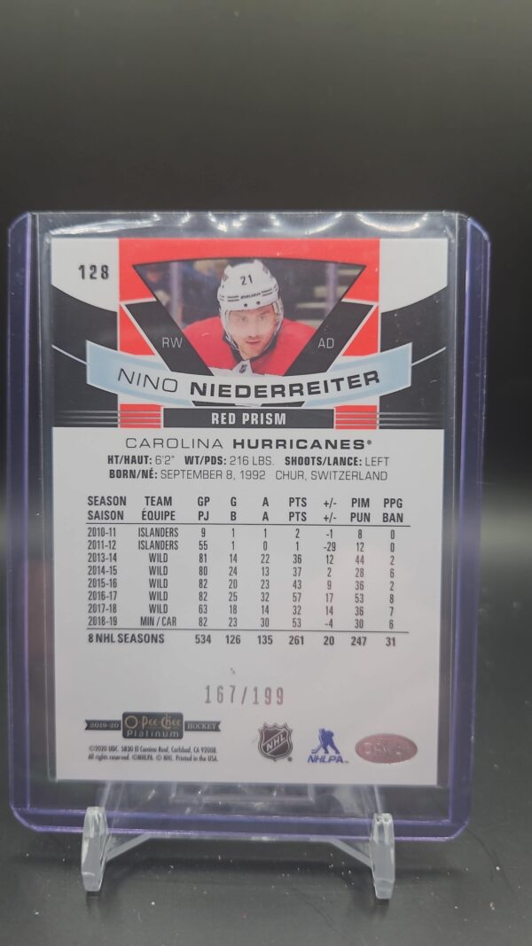 2019-20 O-Pee-Chee Platinum Red Prism Nino Niederreiter /199 #128 - Image 2