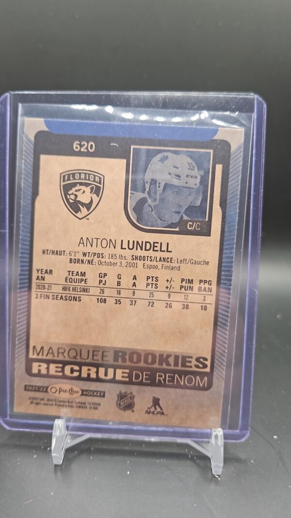 2021-22 OPC UD SERIES 2 MARQUEE ROOKIES ANTON LUNDELL #620 BLUE BORDER - Image 2