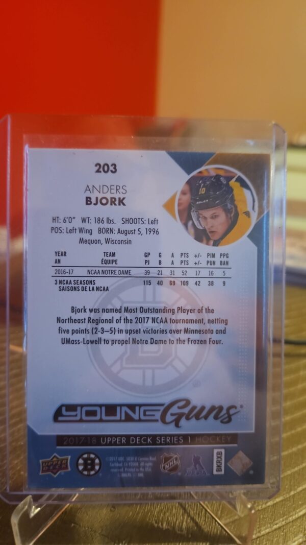 2017-18 Upper Deck Young Guns ANDERS BJORK #203 Boston Bruins - Image 2