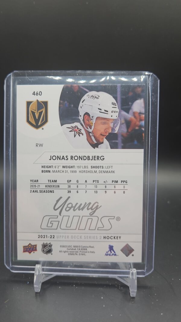 21-22 UD Series 2 Base Young Guns #460 Jonas Rondbjerg - Vegas Golden Knights - Image 2