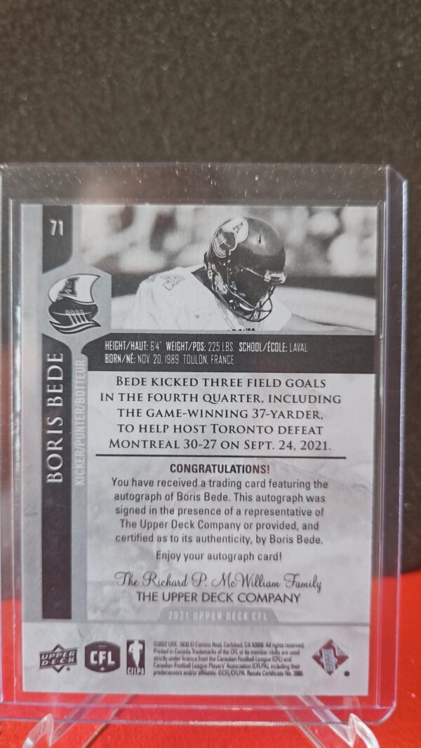 2021 Upper Deck CFL Autograph Auto 71 Boris Bede Toronto Argonauts - Image 2