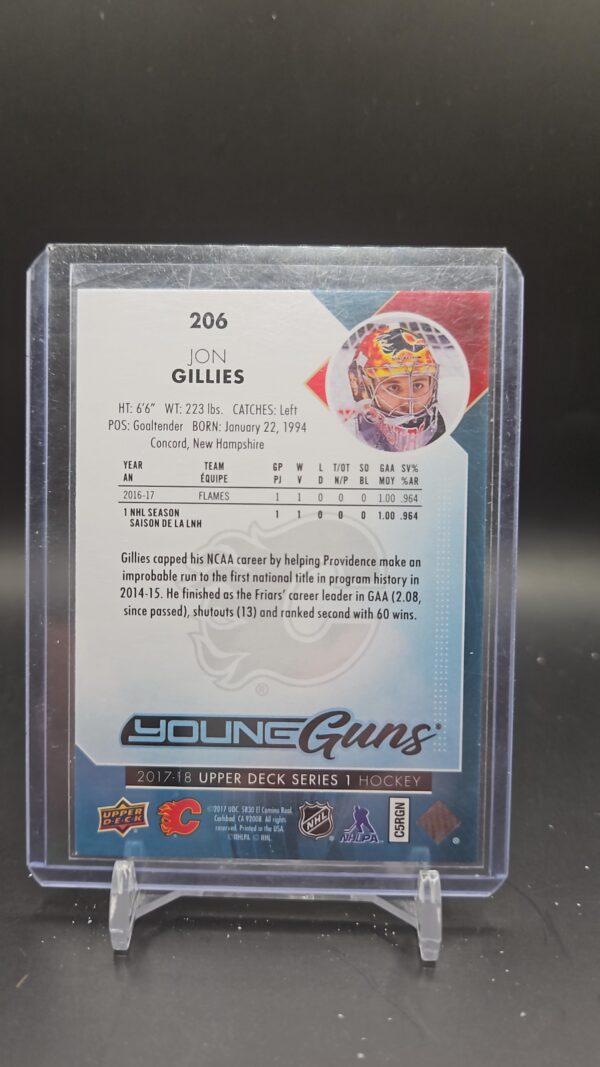 Jon Gillies 2017-18 Upper Deck Series 1 Young Guns #206 Flames - Image 2