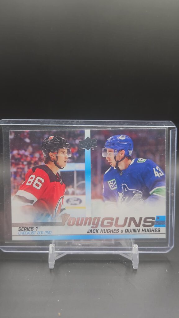 2019-20 Upper Deck Series 1 Young Guns Checklist Jack Hughes Quinn Hughes rookie card #250, Mint condition, New Jersey Devils, Vancouver Canucks, top collectible NHL rookie card.