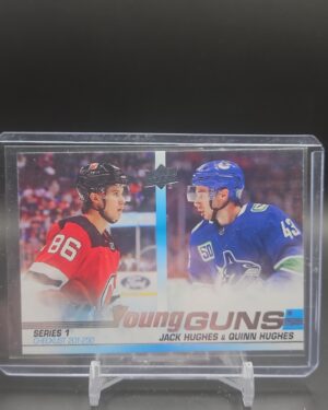 2019-20 Upper Deck Series 1 Young Guns Checklist Jack Hughes Quinn Hughes rookie card #250, Mint condition, New Jersey Devils, Vancouver Canucks, top collectible NHL rookie card.