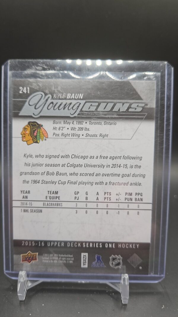 2015-16 Upper Deck Series 1 Young Guns #241 Kyle Baun - Chicago Blackhawks - Image 2