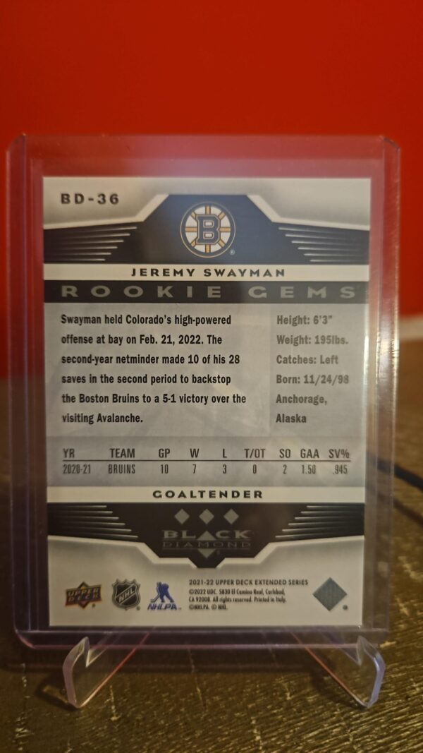 2021-22 UD Extended Series Black Diamond Rookie Gems #BD-36 Jeremy Swayman - Image 2