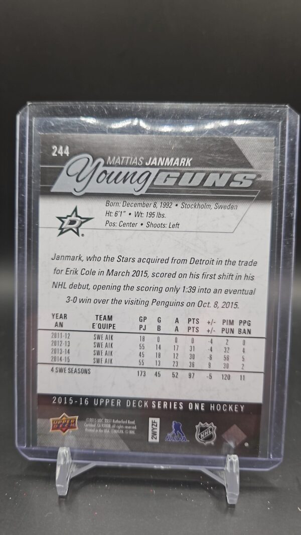 2015-16 Upper Deck Young Guns #244 Mattias Janmark Dallas Stars - Image 2
