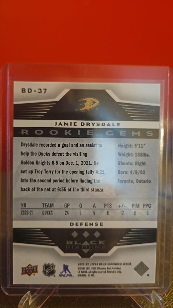 Jamie Drysdale 2021-22 Upper Deck Black Diamond Rookie Gems RC #BD-37 Anaheim - Image 2