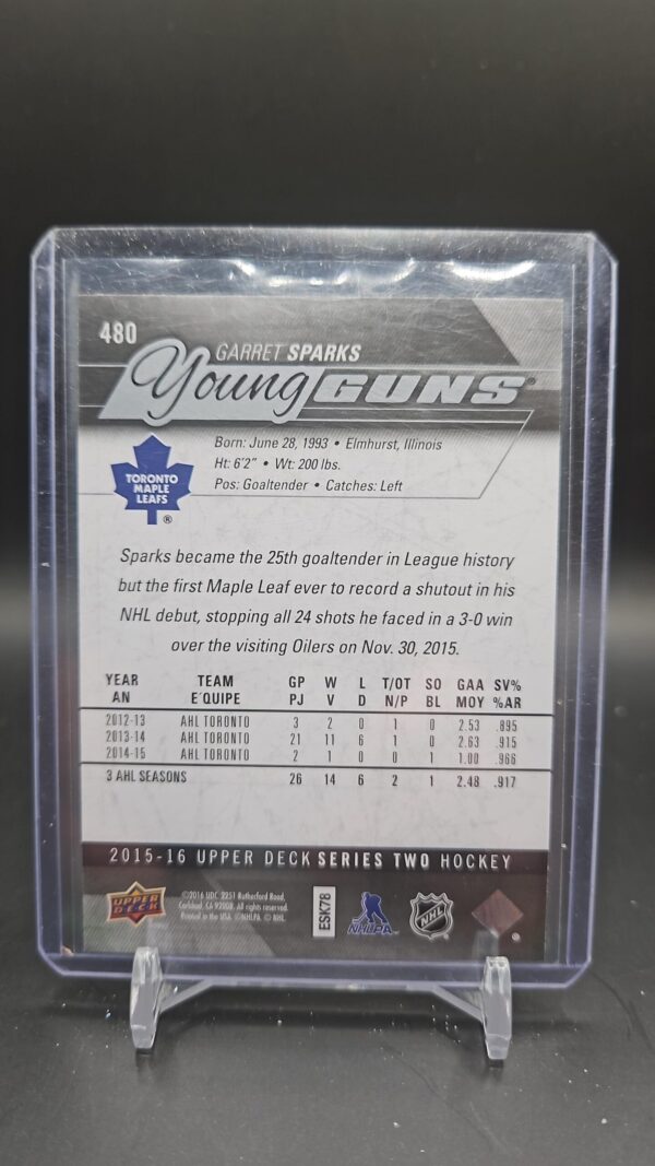 2015-16 Upper Deck Young Guns Rookie #480 Garret Sparks Toronto - Image 2