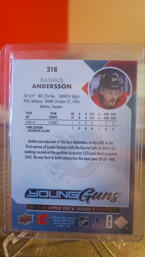 2017 18 Upper Deck Rasmus Andersson Young Guns #218 Calgary Flames - Image 2