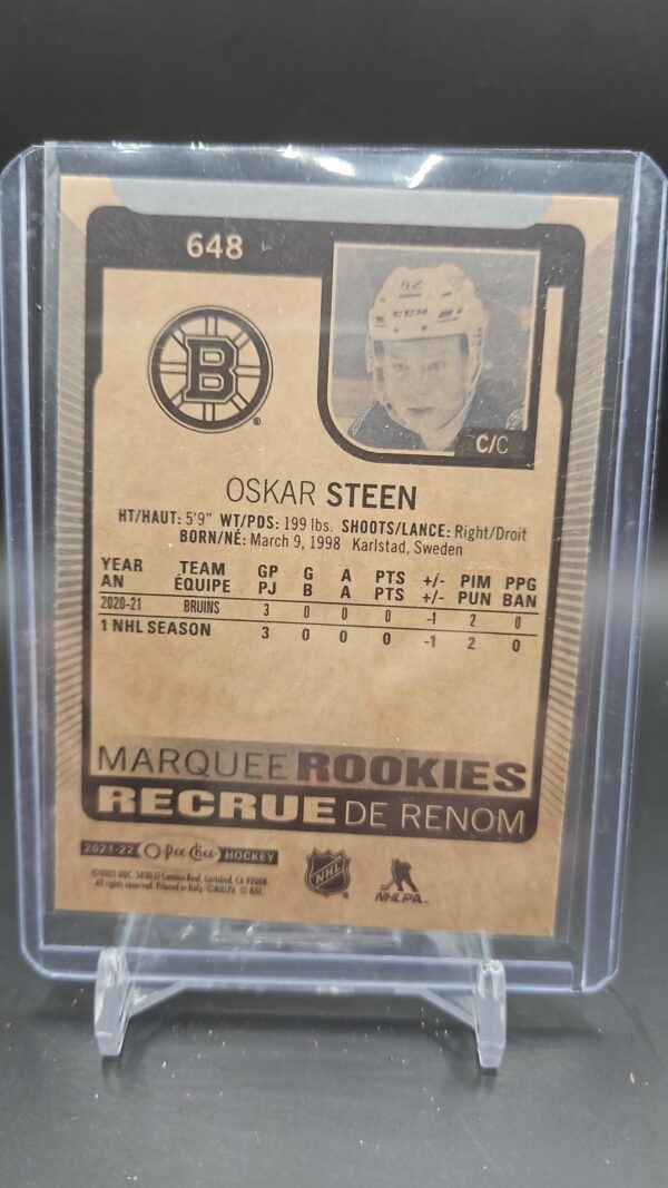 2021-22 UD Hockey Series 2 OPC Marquee Rookies #648 Oskar Steen Boston Bruins - Image 2