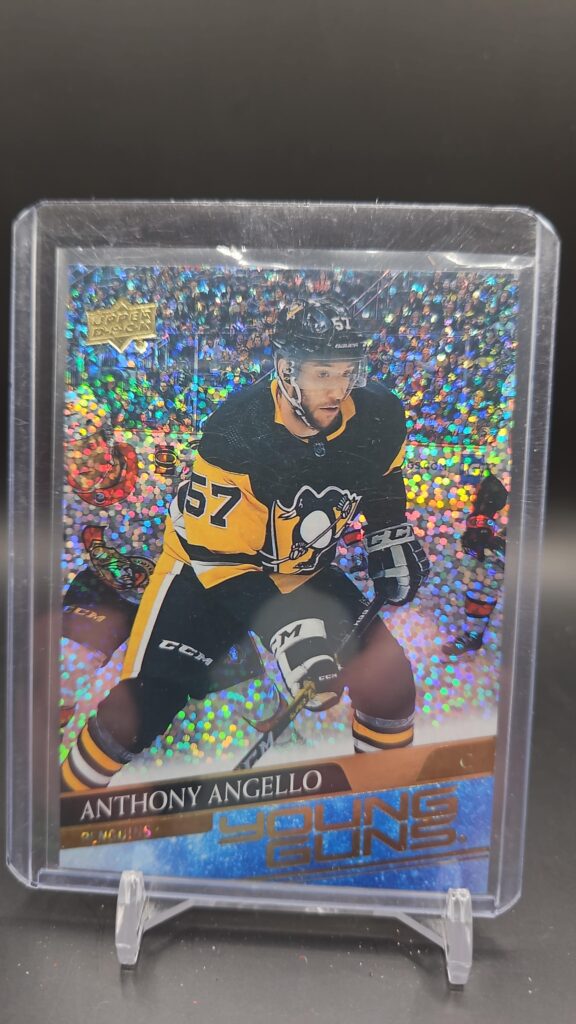 2020-21 Upper Deck Young Guns Speckled Rainbow Anthony Angello rookie card #472, Mint condition, Pittsburgh Penguins, top collectible NHL rookie card.