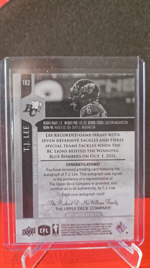 2021 Upper Deck CFL Auto TJ Lee #182 Auto - Image 2