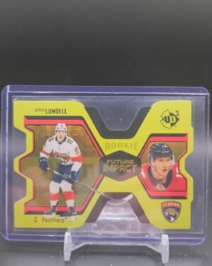 2021-22 Upper Deck UD3 Future Impact card #UD3-33 featuring Anton Lundell of the Florida Panthers, serial numbered to 100, a premium acetate insert highly sought after by NHL collectors.