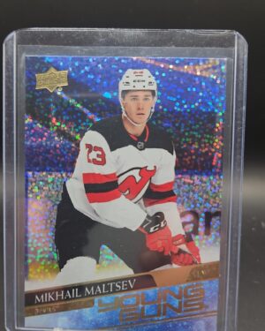 2020-21 Upper Deck Extended Series Young Guns Speckled Rainbow Foil Mikhail Maltsev rookie card, Mint condition, New Jersey Devils, top collectible NHL rookie card.