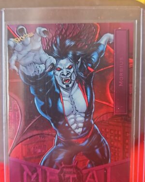 2021 Marvel Metal Universe Spider-Man Morbius Light FX Pink /75 #56 PMG card, featuring vibrant pink foil, serial numbered out of 75, and the iconic Marvel character Morbius from the sought-after Metal Universe set.