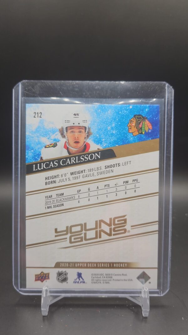 Lucas Carlsson 2020-21 UD Young Guns Speckled Rainbow Rookie Card #212 – Chicago Blackhawks – Mint - Image 2