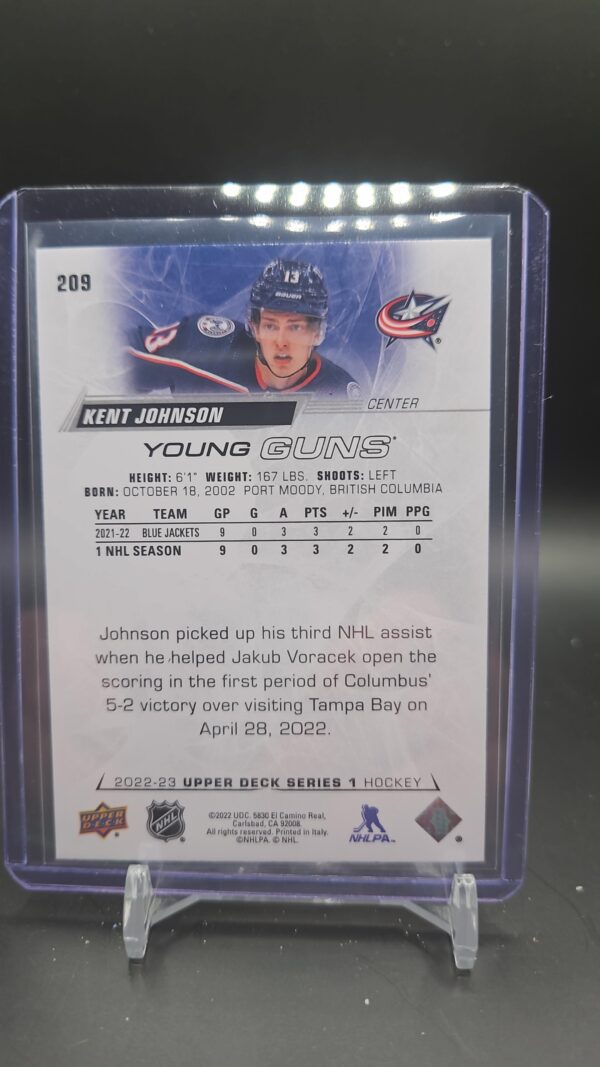 Kent Johnson 2022-23 UD Series 1 Young Guns Rookie Columbus Blue Jackets #209 - Image 2
