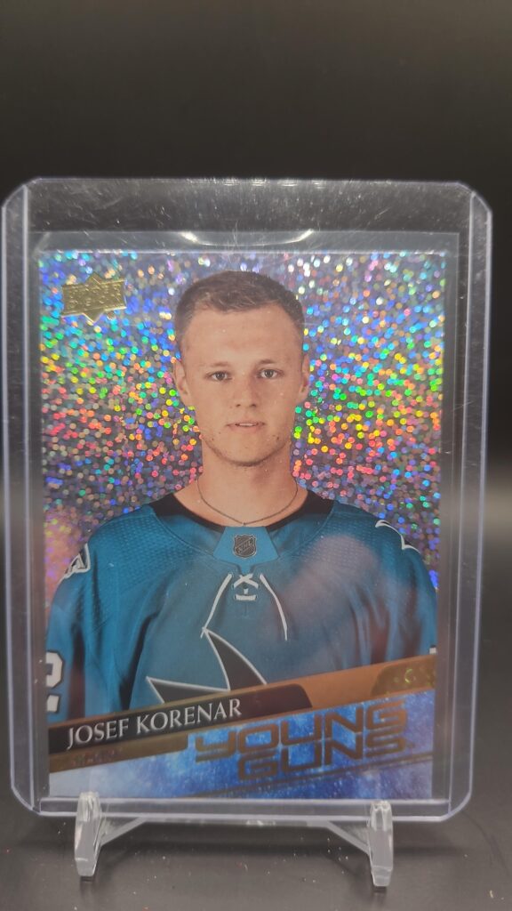 2020-21 Upper Deck Extended Series Young Guns Speckled Rainbow Foil Josef Korenar rookie card, Mint condition, San Jose Sharks, top collectible NHL rookie card.